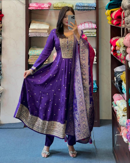 Blue Pure Banana Silk Anarkali Flared Kurti Pant Dupatta Set 