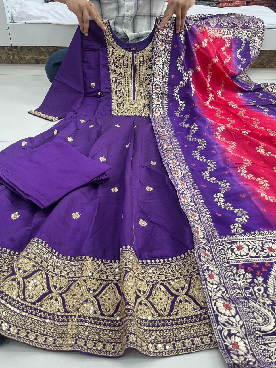 Blue Pure Banana Silk Anarkali Flared Kurti Pant Dupatta Set 