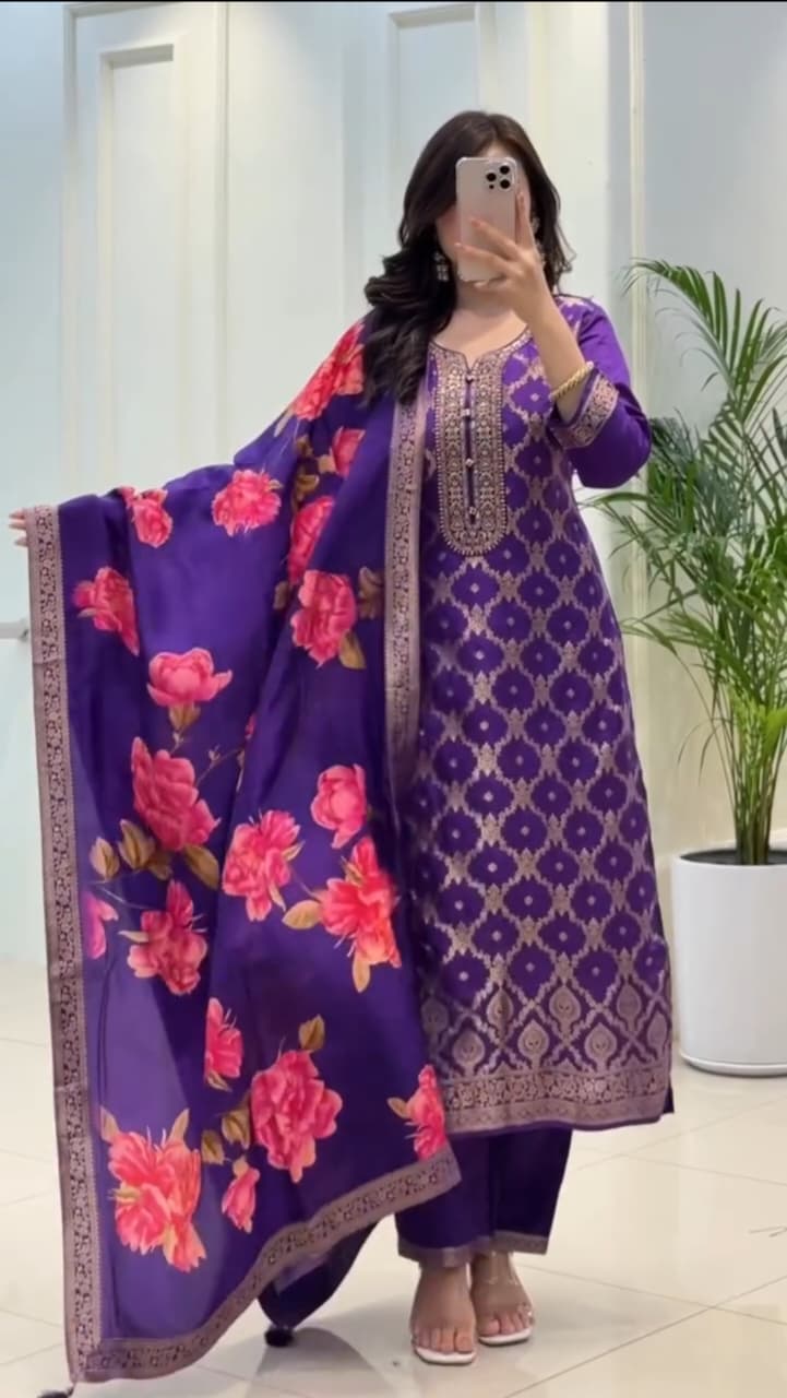 Blue Pure Banarasi Silk Flared Kurti Pant Dupatta Set 