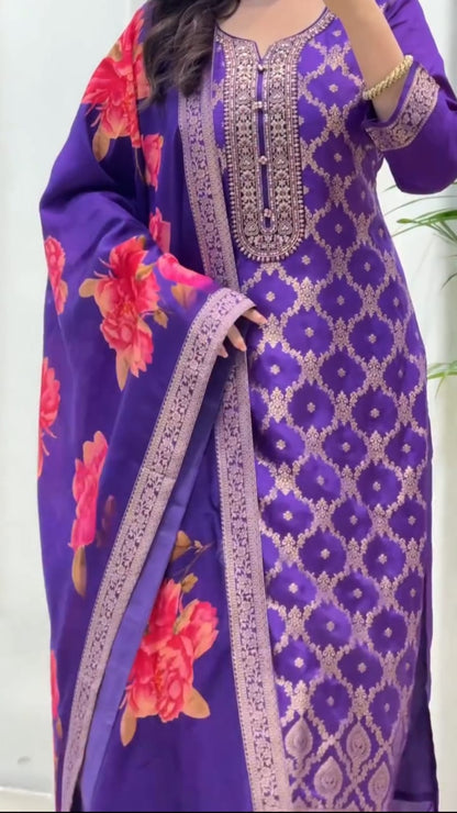 Blue Pure Banarasi Silk Flared Kurti Pant Dupatta Set 