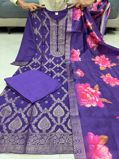 Blue Pure Banarasi Silk Flared Kurti Pant Dupatta Set 