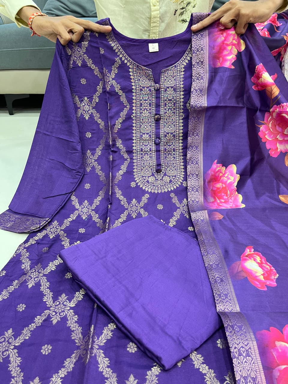 Blue Pure Banarasi Silk Flared Kurti Pant Dupatta Set 