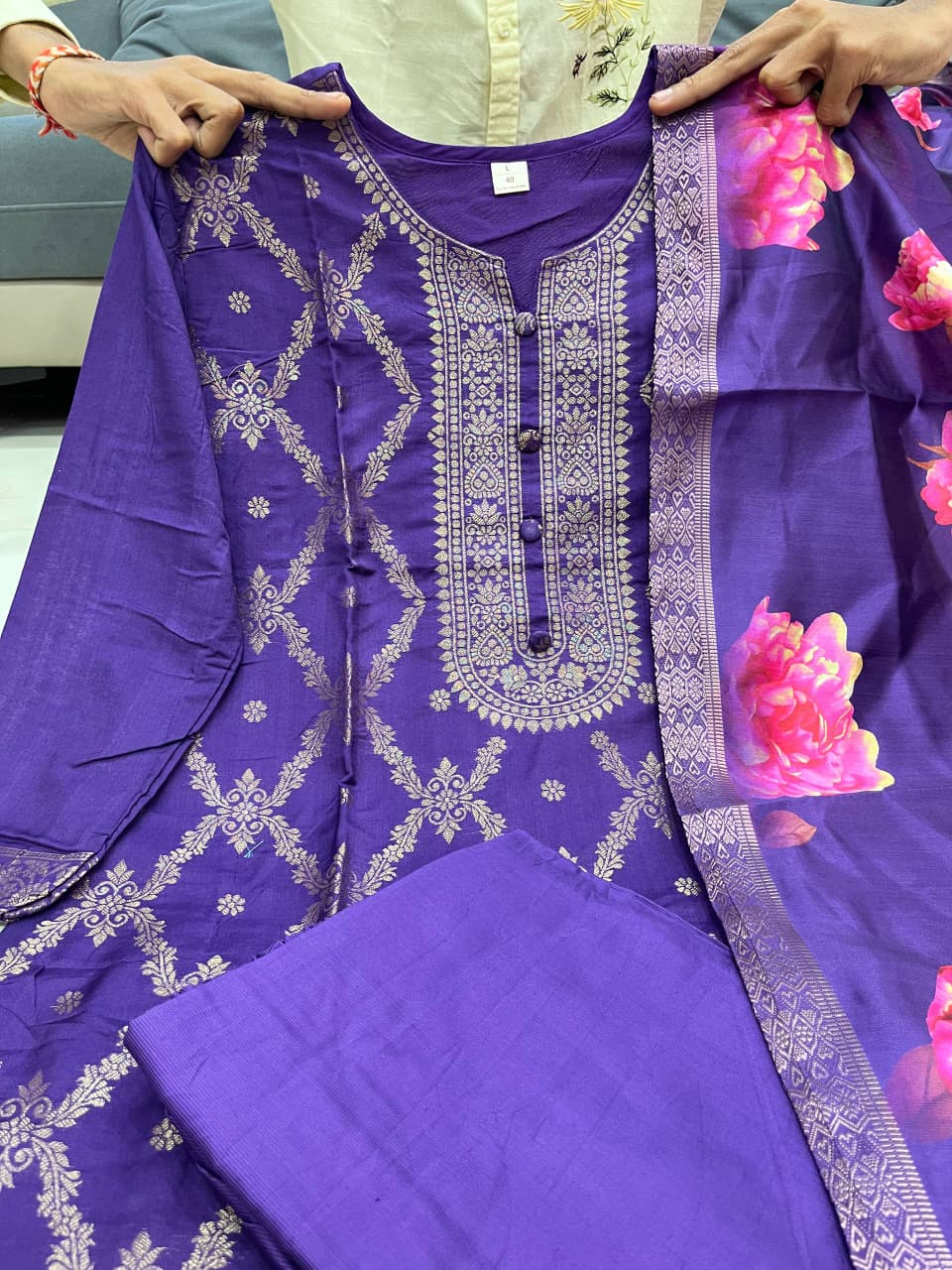 Blue Pure Banarasi Silk Flared Kurti Pant Dupatta Set 