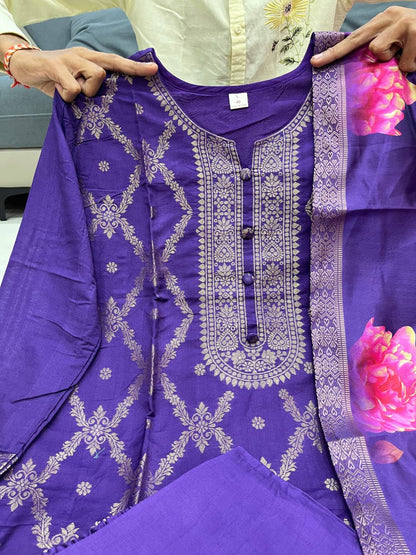 Blue Pure Banarasi Silk Flared Kurti Pant Dupatta Set 