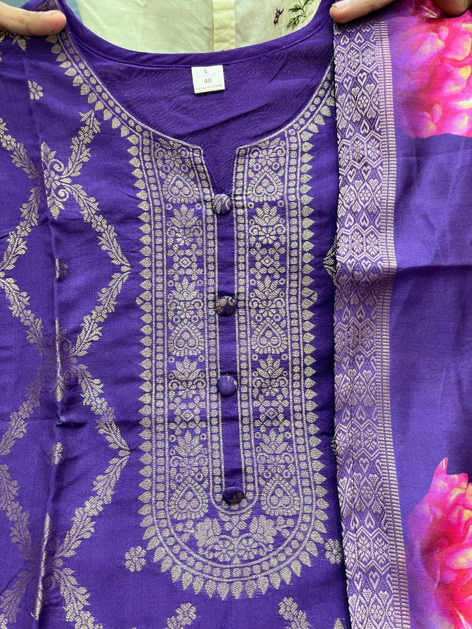 Blue Pure Banarasi Silk Flared Kurti Pant Dupatta Set 