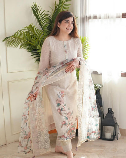 Blue Pure Lilan Silk Flared Kurti Pant Dupatta Set 