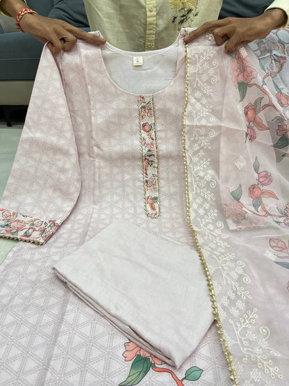Blue Pure Lilan Silk Flared Kurti Pant Dupatta Set 