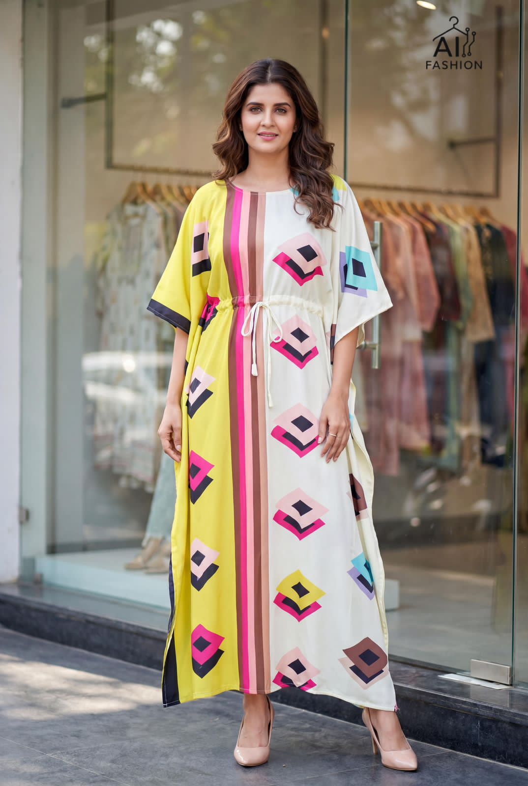 Multicolour Heavy French Crape Print Long Kaftan 