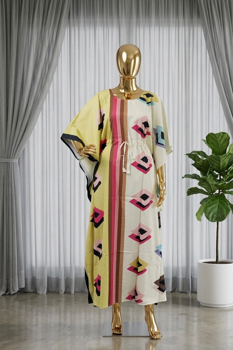 Multicolour Heavy French Crape Print Long Kaftan 