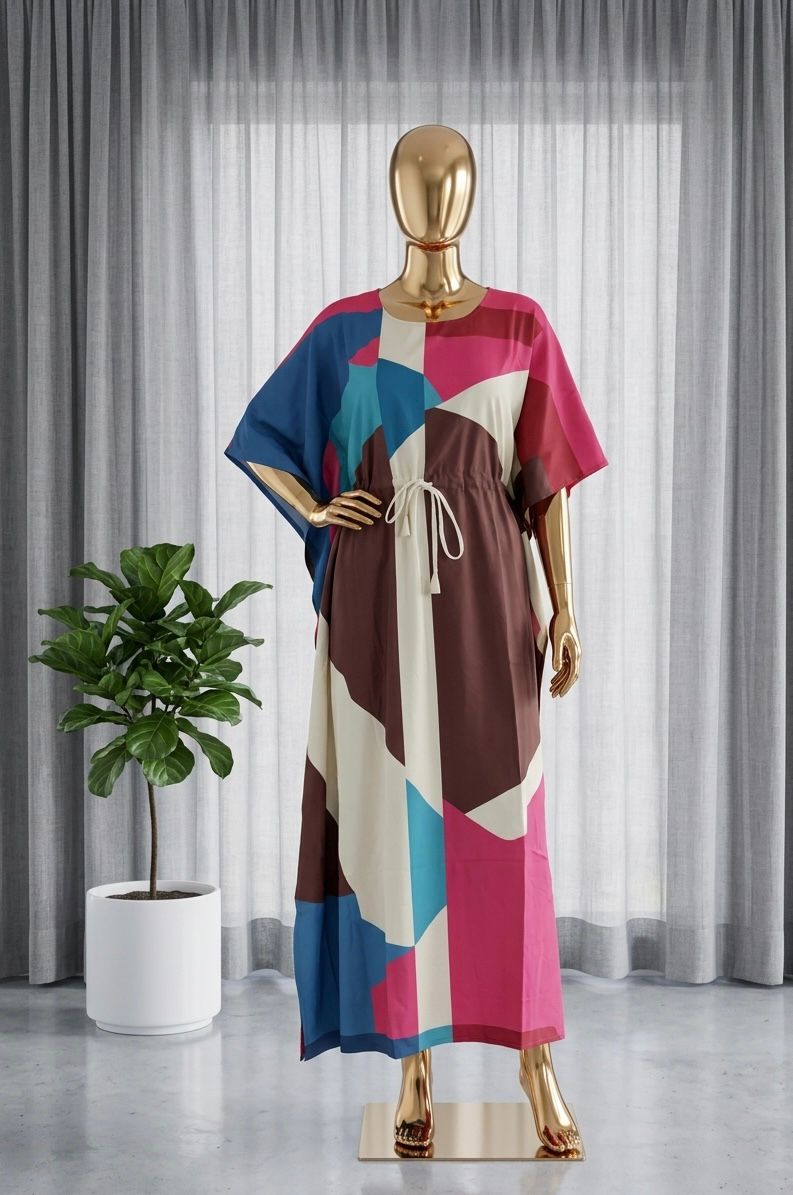 Multicolour Heavy French Crape Print Long Kaftan 