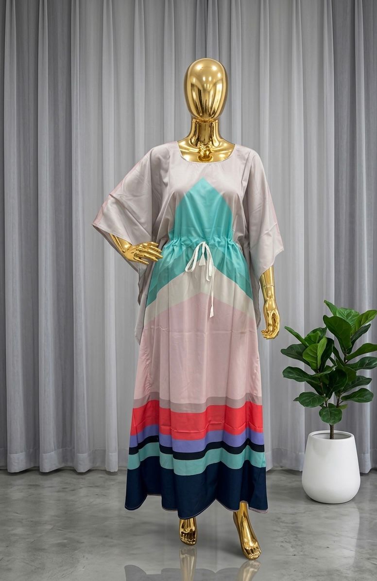 Multicolour Heavy French Crape Print Long Kaftan 