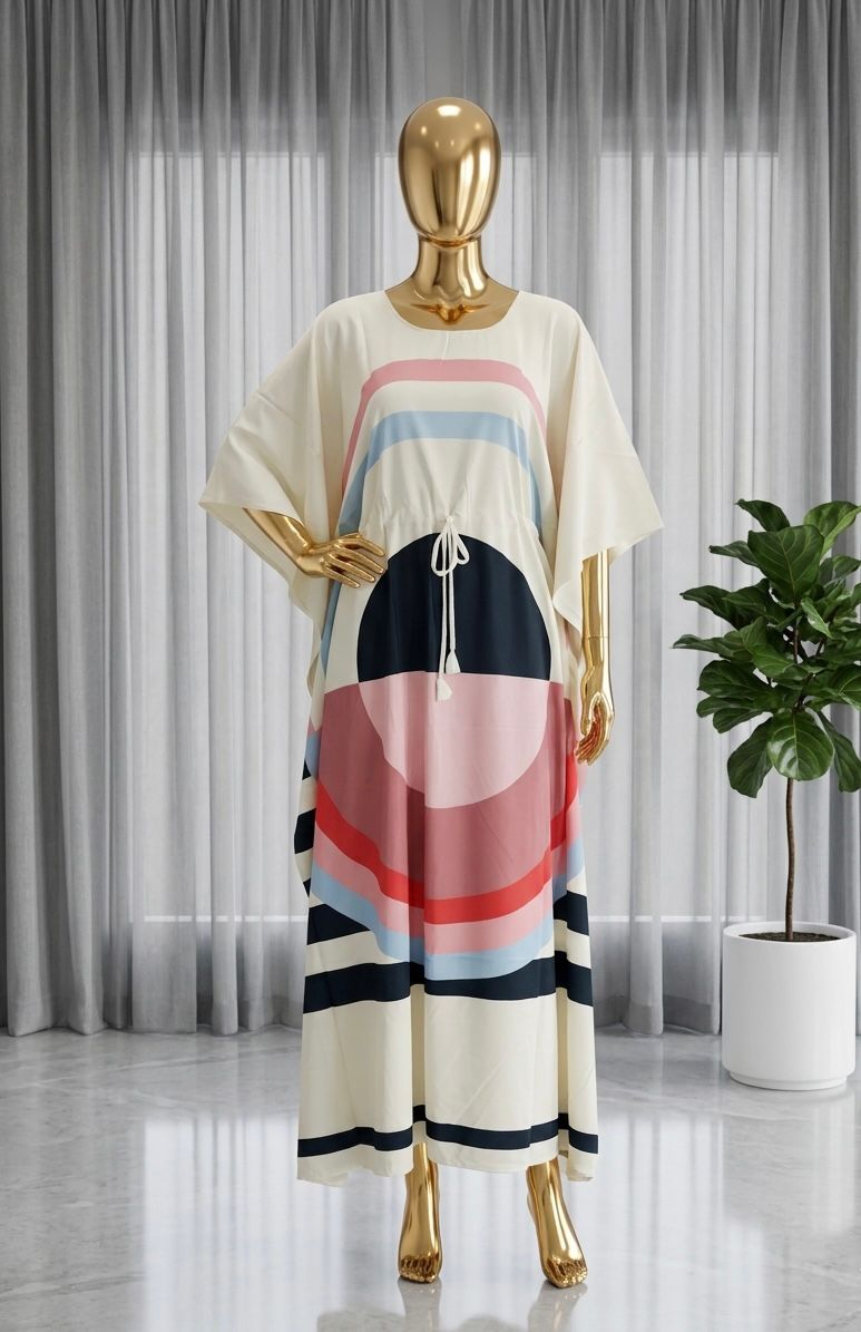 Multicolour Heavy French Crape Print Long Kaftan 