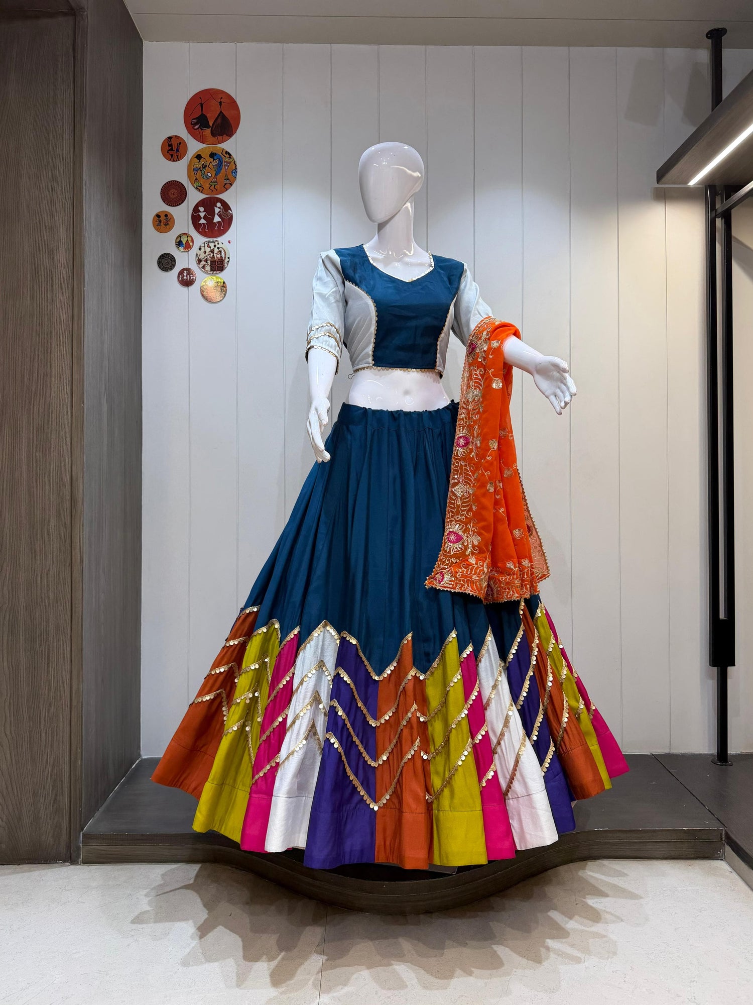 Teal Blue Orange Multicolor Chaniya Choli with Heavy Border Dupatta