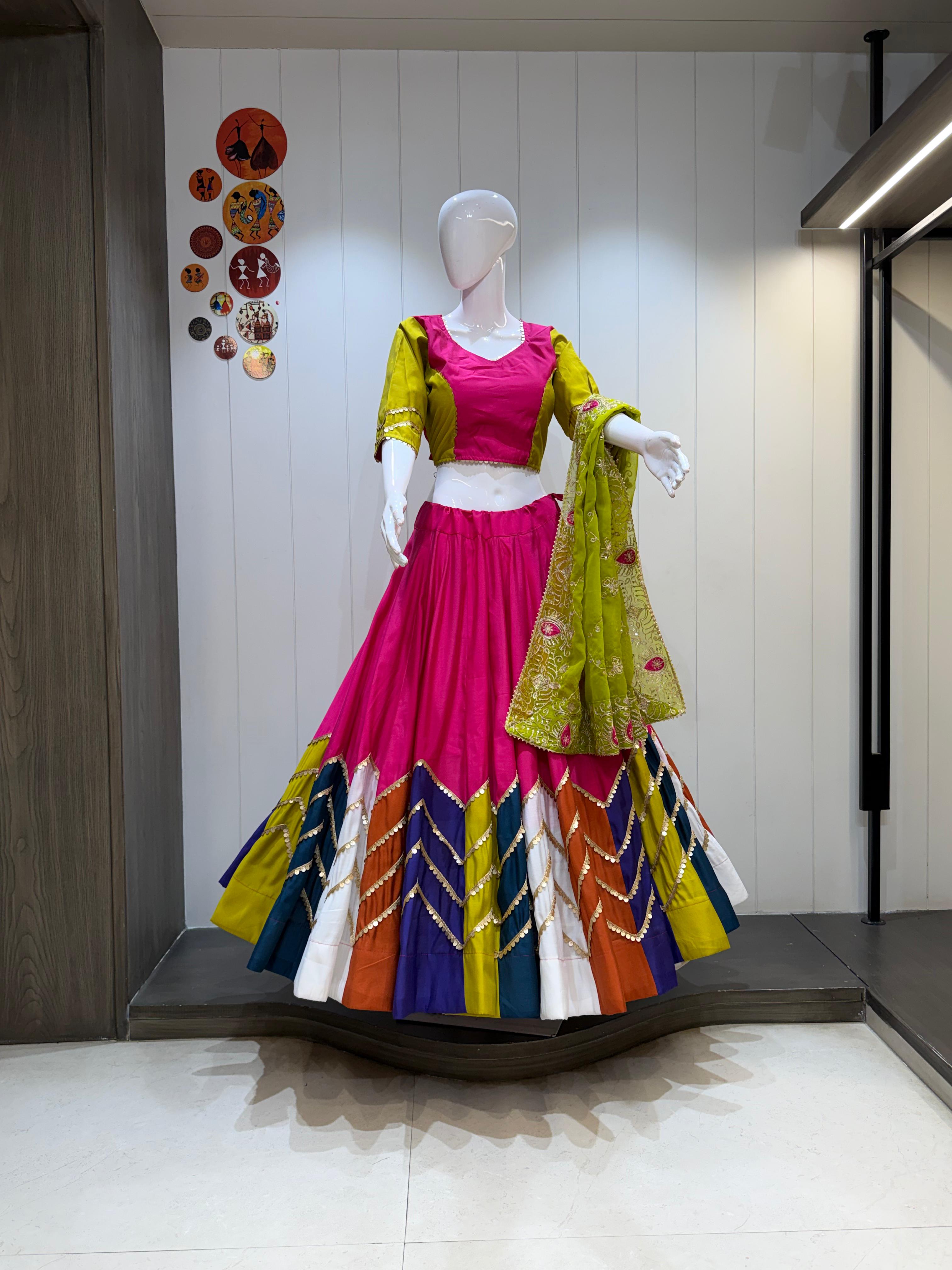 Pink Yellow Multicolor Chaniya Choli with Heavy Dupatta