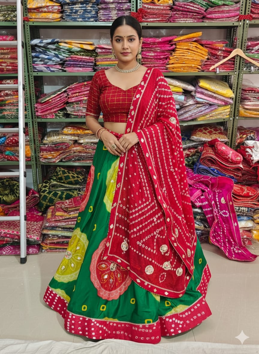 Green &amp; Red Pure Bandhej Chinone Silk Rajsthani Lehenga Choli 