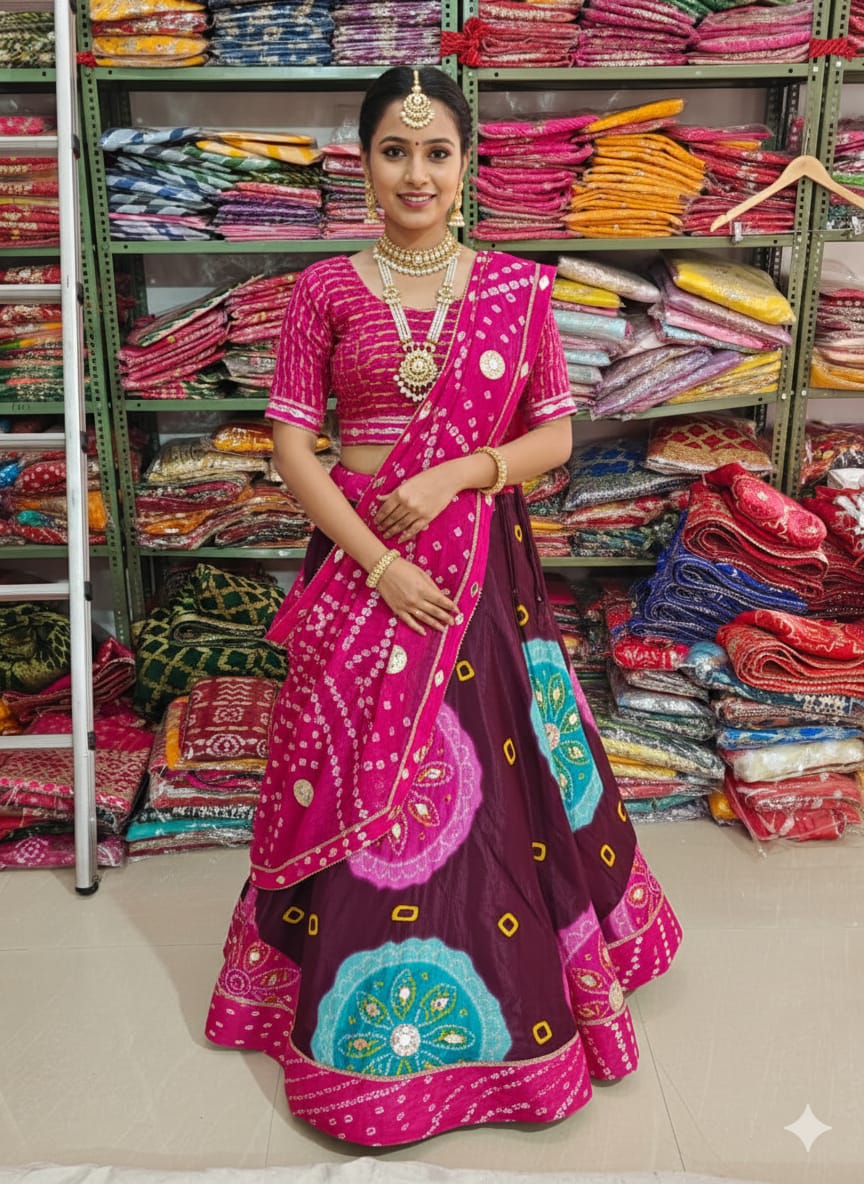 Brown &amp; Pink Pure Bandhej Chinone Silk Rajsthani Lehenga Choli 