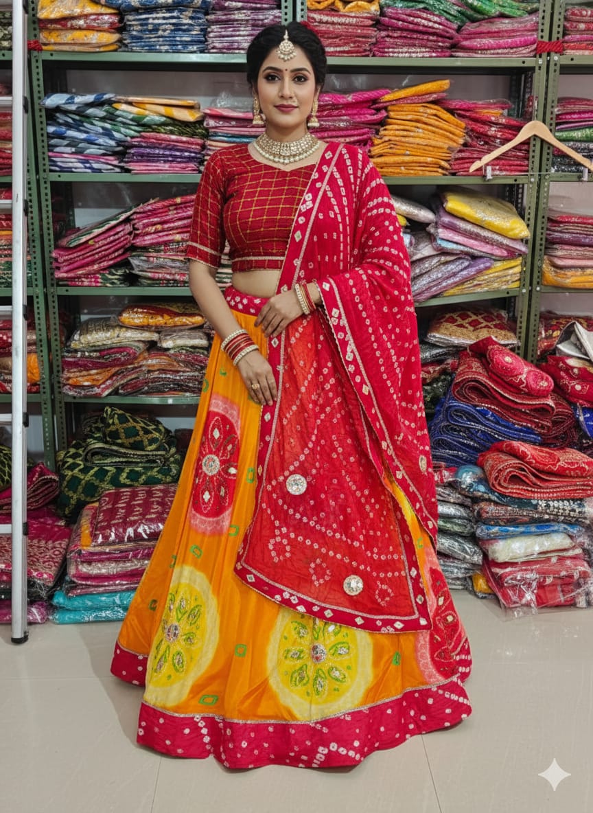 Yellow &amp; Orange Pure Bandhej Chinone Silk Rajsthani Lehenga Choli 