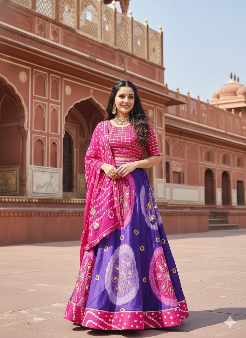 Purple &amp; Pink Pure Bandhej Chinone Silk Rajsthani Lehenga Choli 