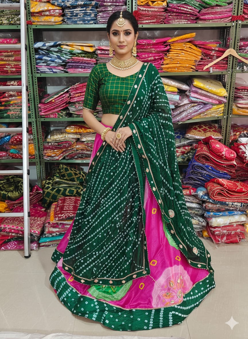 Pink &amp; Green Pure Bandhej Chinone Silk Rajsthani Lehenga Choli 