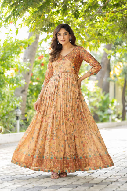Cream Pure Silk Blend Printed Anarkali Gown 