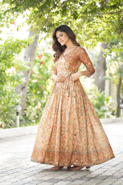 Cream Pure Silk Blend Printed Anarkali Gown 