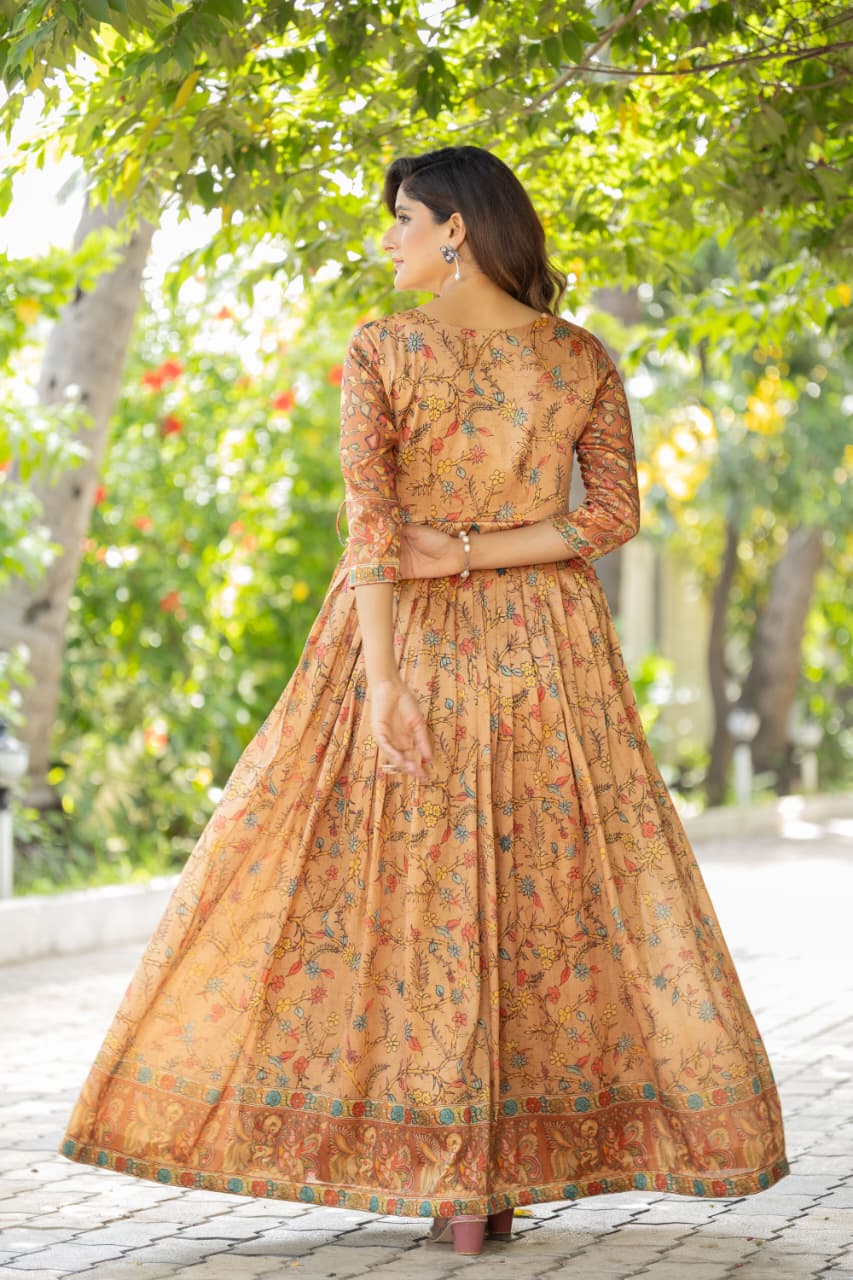 Cream Pure Silk Blend Printed Anarkali Gown 