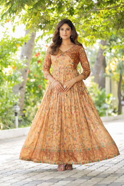 Cream Pure Silk Blend Printed Anarkali Gown 