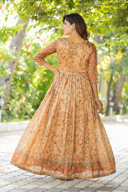 Cream Pure Silk Blend Printed Anarkali Gown 