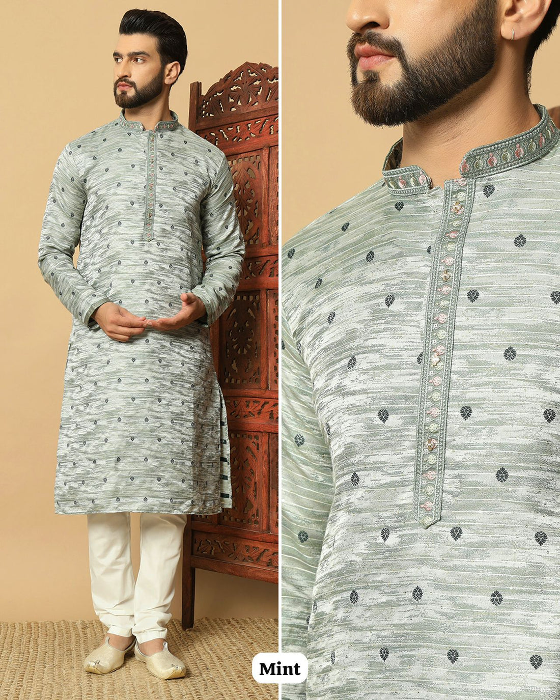 Mint Heavy Jequard With Sequins Work Kurta Pajama 