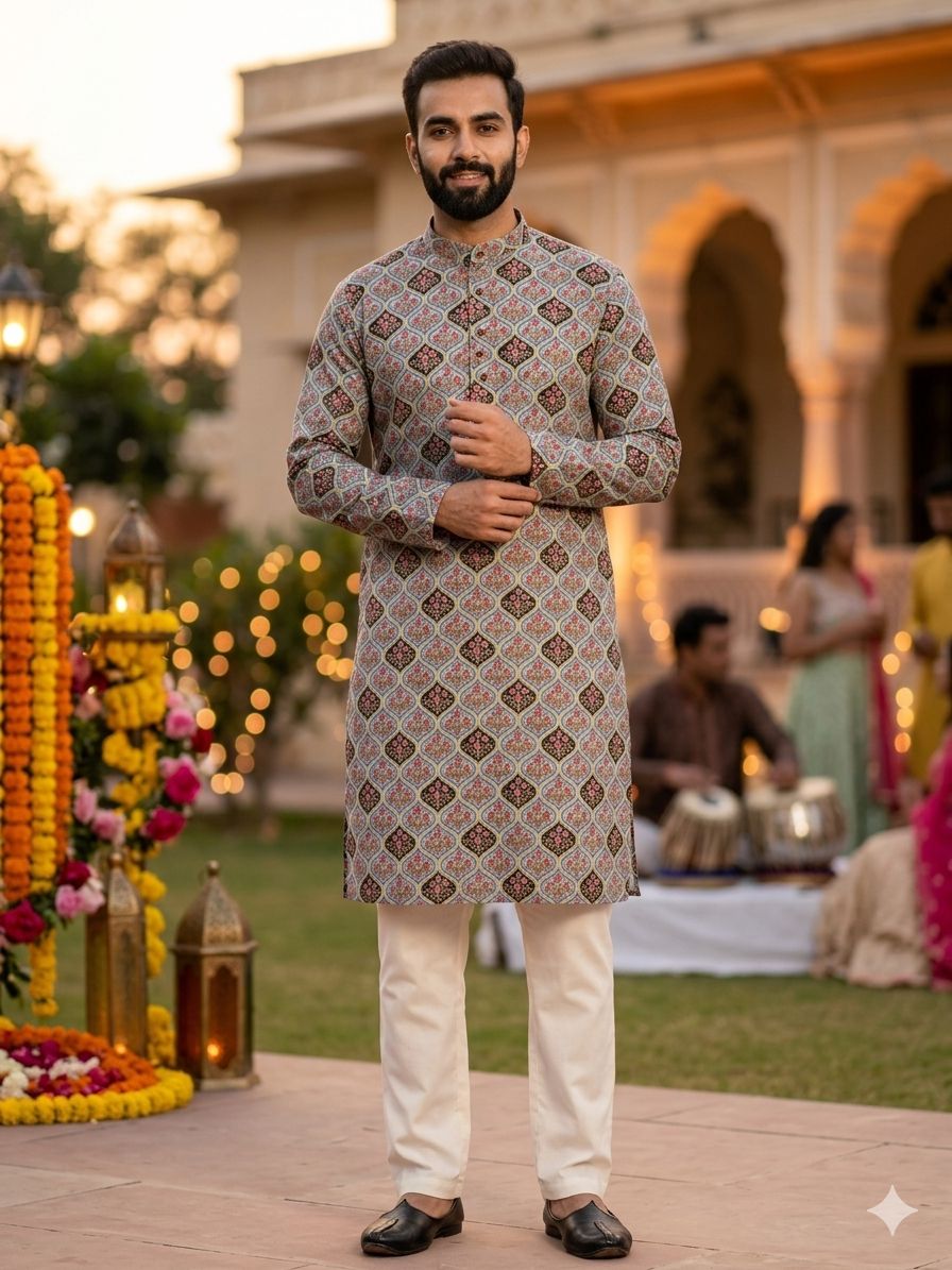 Grey Heavy Soft Cotton Printed Kurta Pajama 