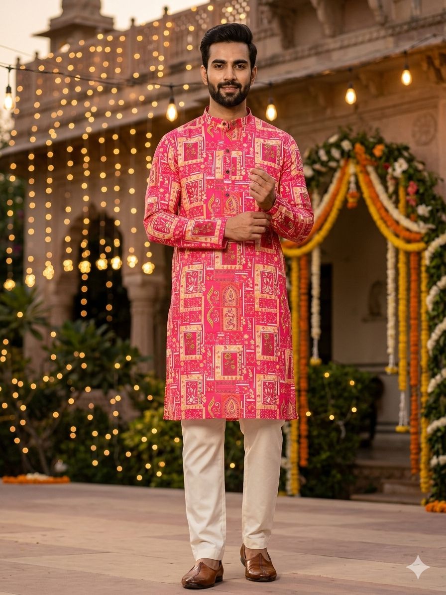 Pink Heavy Soft Cotton Printed Kurta Pajama 