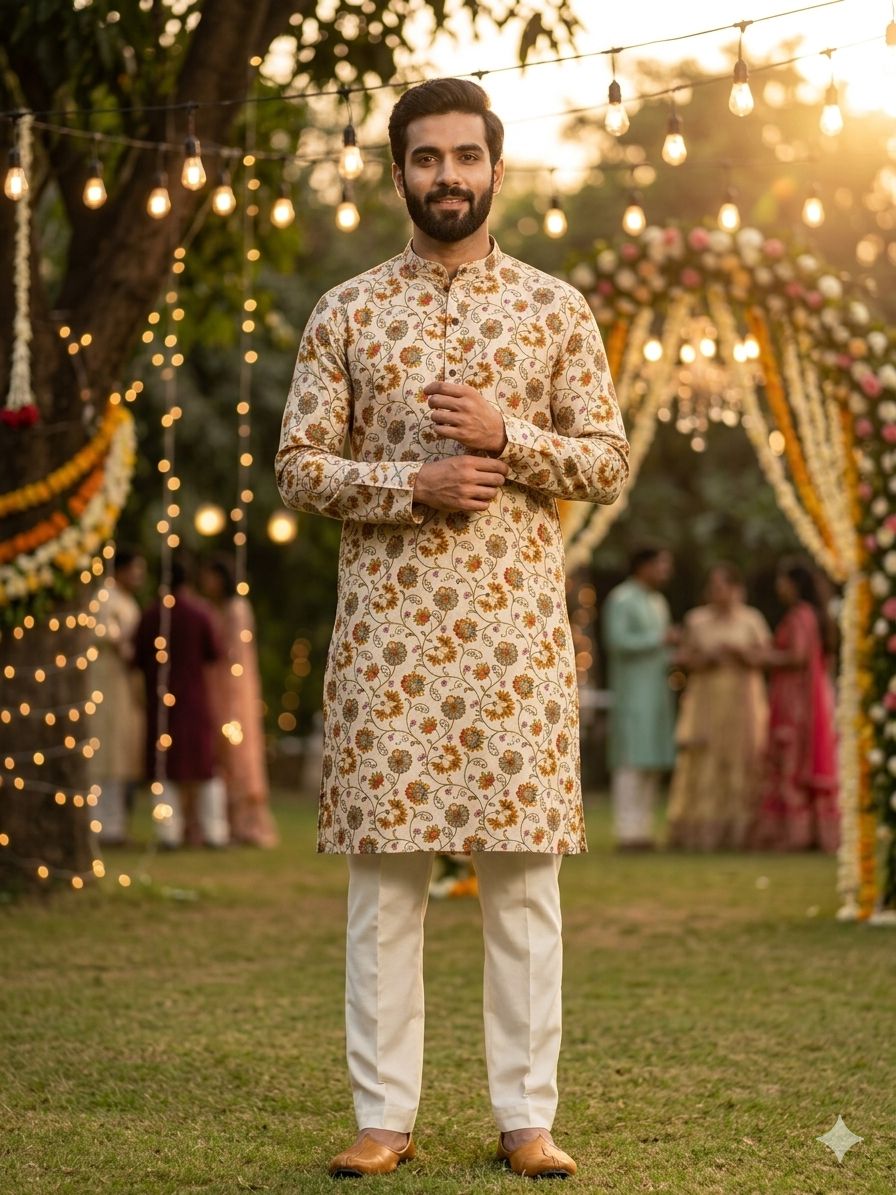 Cream Heavy Soft Cotton Printed Kurta Pajama 