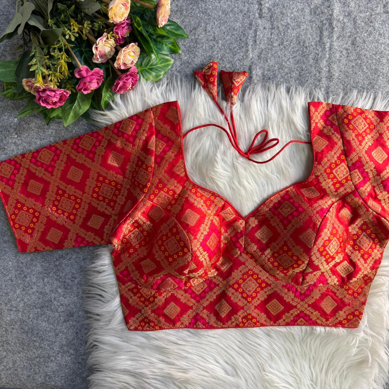 Red Pure Heavy Mina Multi Jari Banarasi Patoda Blouse 