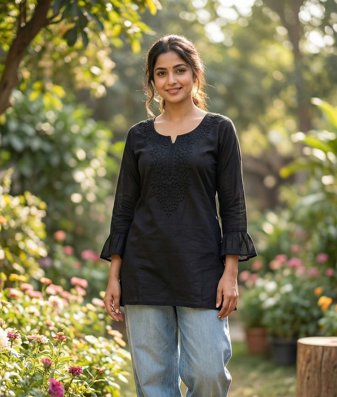 Black Summer Special Heavy Rayon With Chikan Work Sleeveless Short Length Top 
