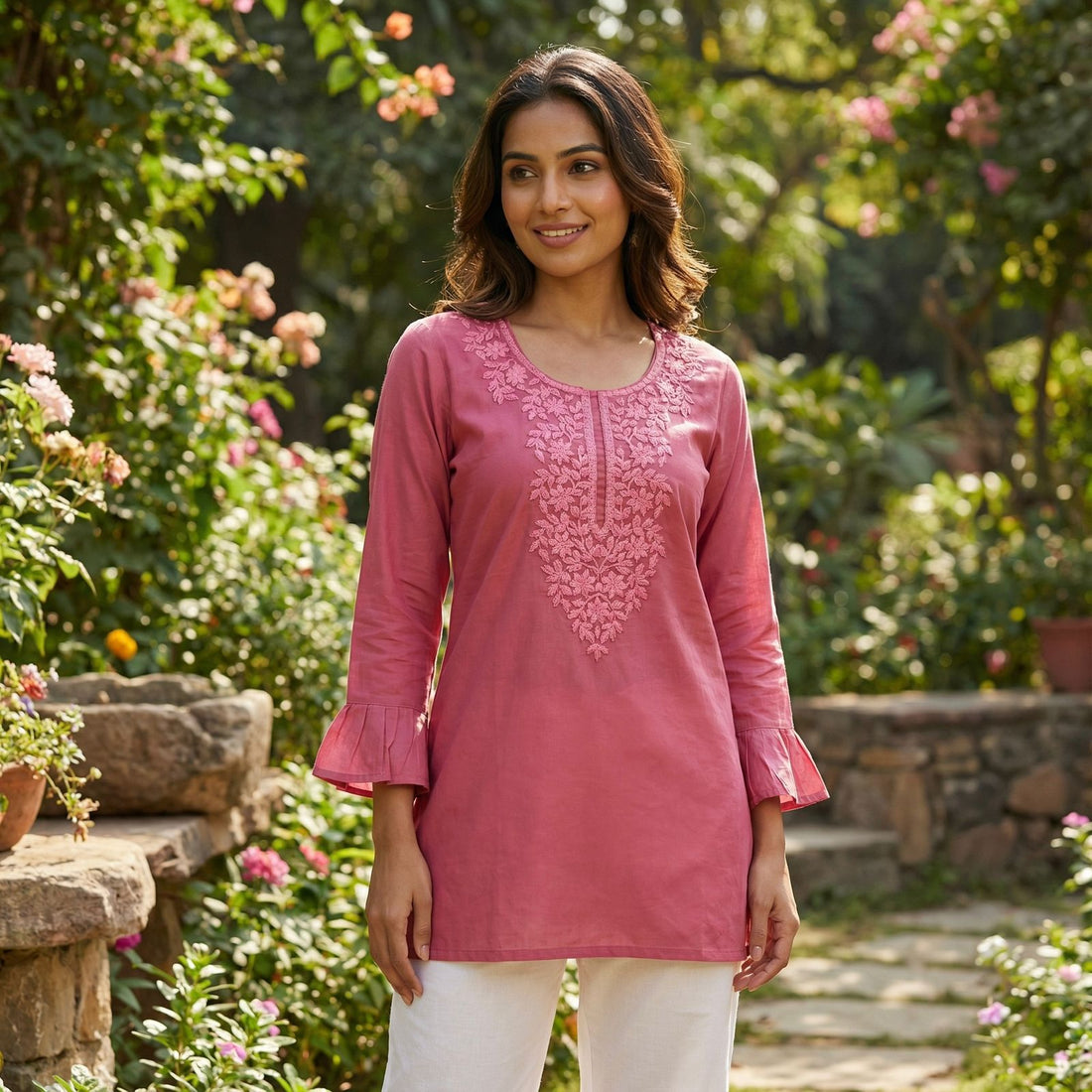 Pink Summer Special Heavy Rayon With Chikan Work Sleeveless Short Length Top 