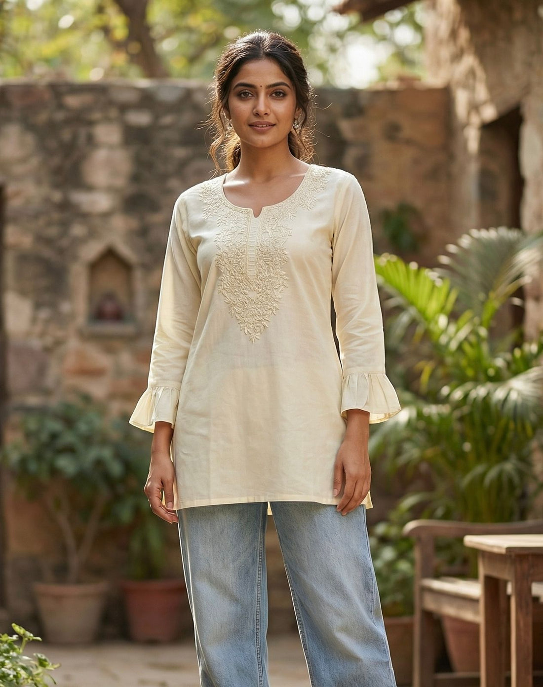 White Summer Special Heavy Rayon With Chikan Work Sleeveless Short Length Top 