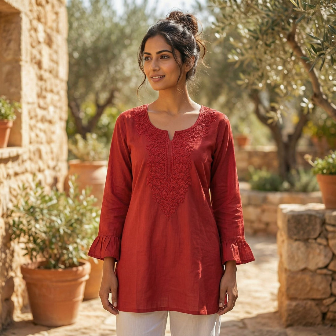 Red Summer Special Heavy Rayon With Chikan Work Sleeveless Short Length Top 