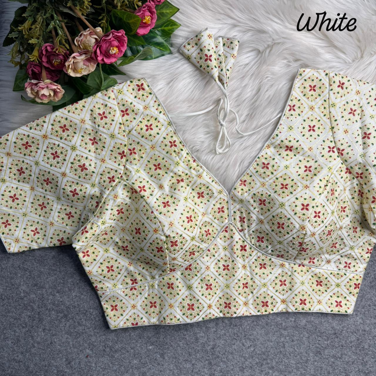White Sabyasachi Style Patoda Print V Neck Heavy Printed Blouse 