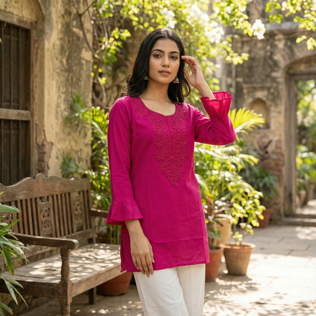 Rani Summer Special Heavy Rayon With Chikan Work Sleeveless Short Length Top 