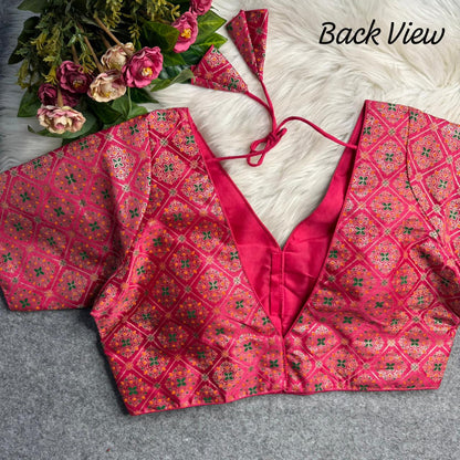 Pink Sabyasachi Style Patoda Print V Neck Heavy Printed Blouse 