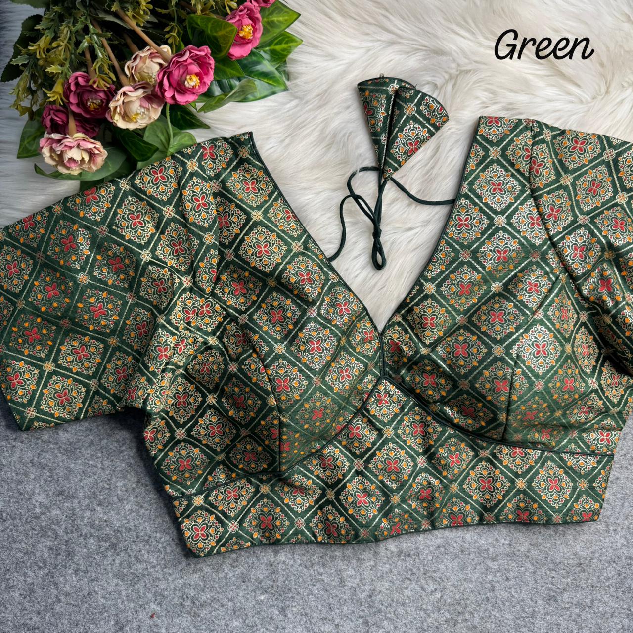 Green Sabyasachi Style Patoda Print V Neck Heavy Printed Blouse 