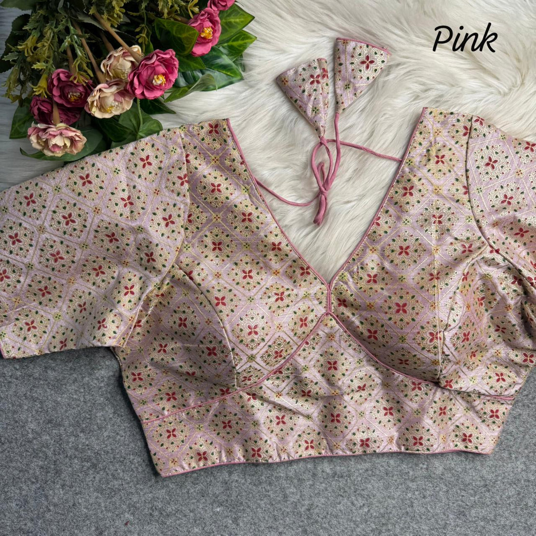 Pink Sabyasachi Style Patoda Print V Neck Heavy Printed Blouse 