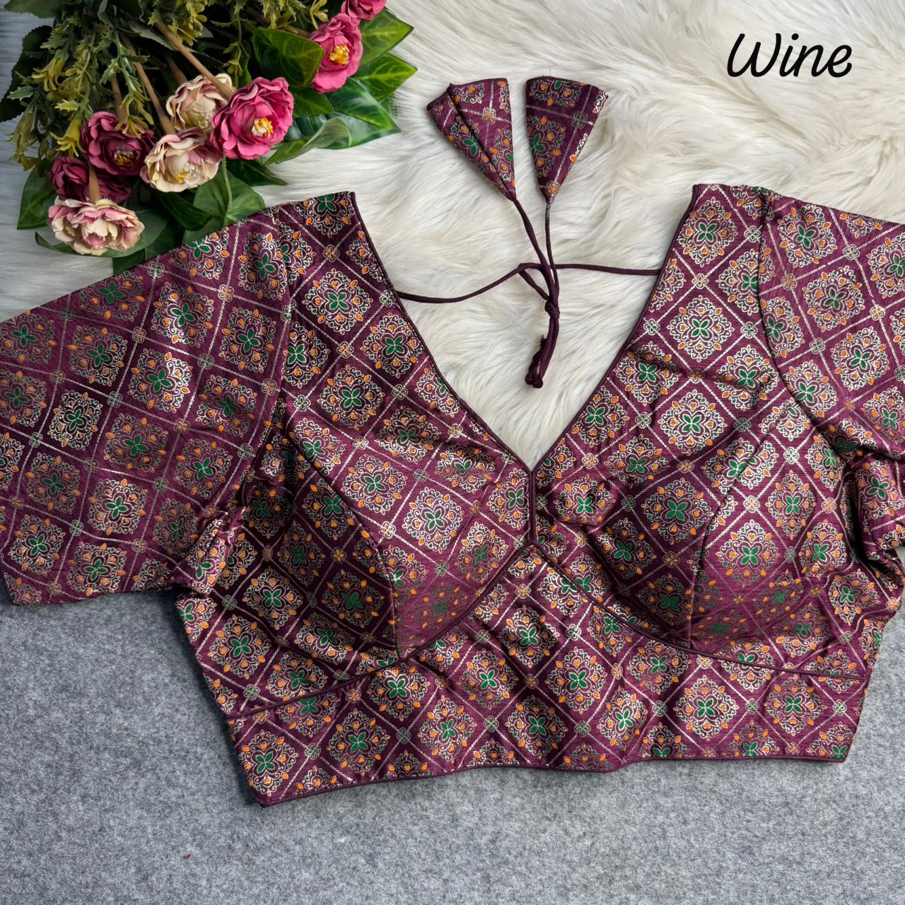 Wine Sabyasachi Style Patoda Print V Neck Heavy Printed Blouse 