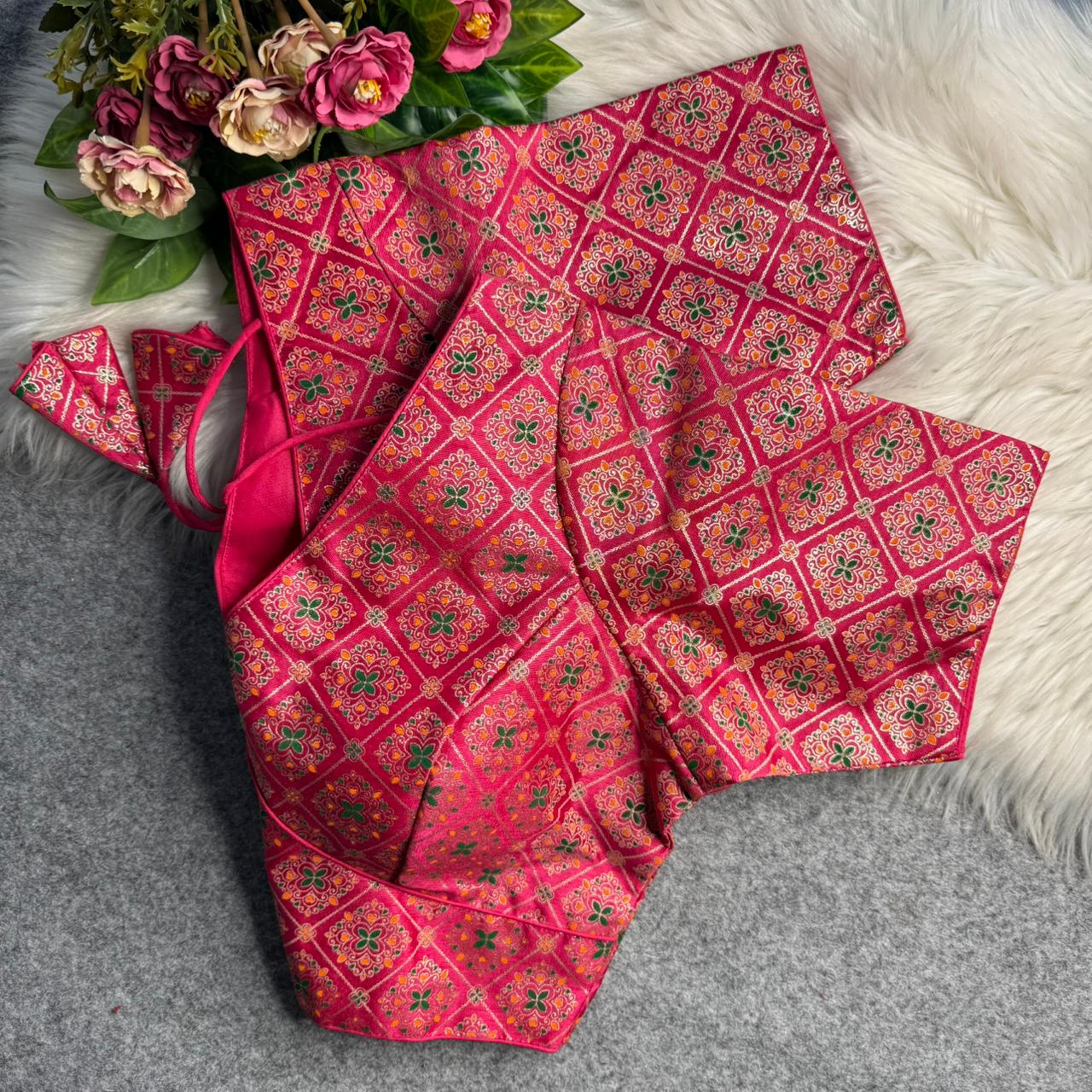 Pink Sabyasachi Style Patoda Print V Neck Heavy Printed Blouse 