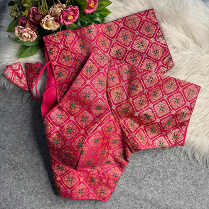 Pink Sabyasachi Style Patoda Print V Neck Heavy Printed Blouse 