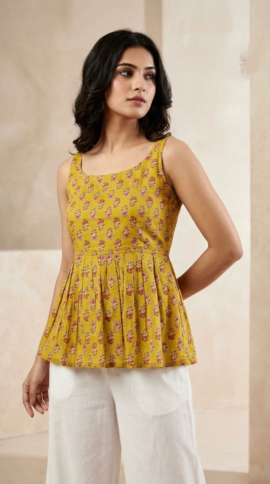 Yellow Summer Special Cotton Printed Sleeveless Short Length Top 