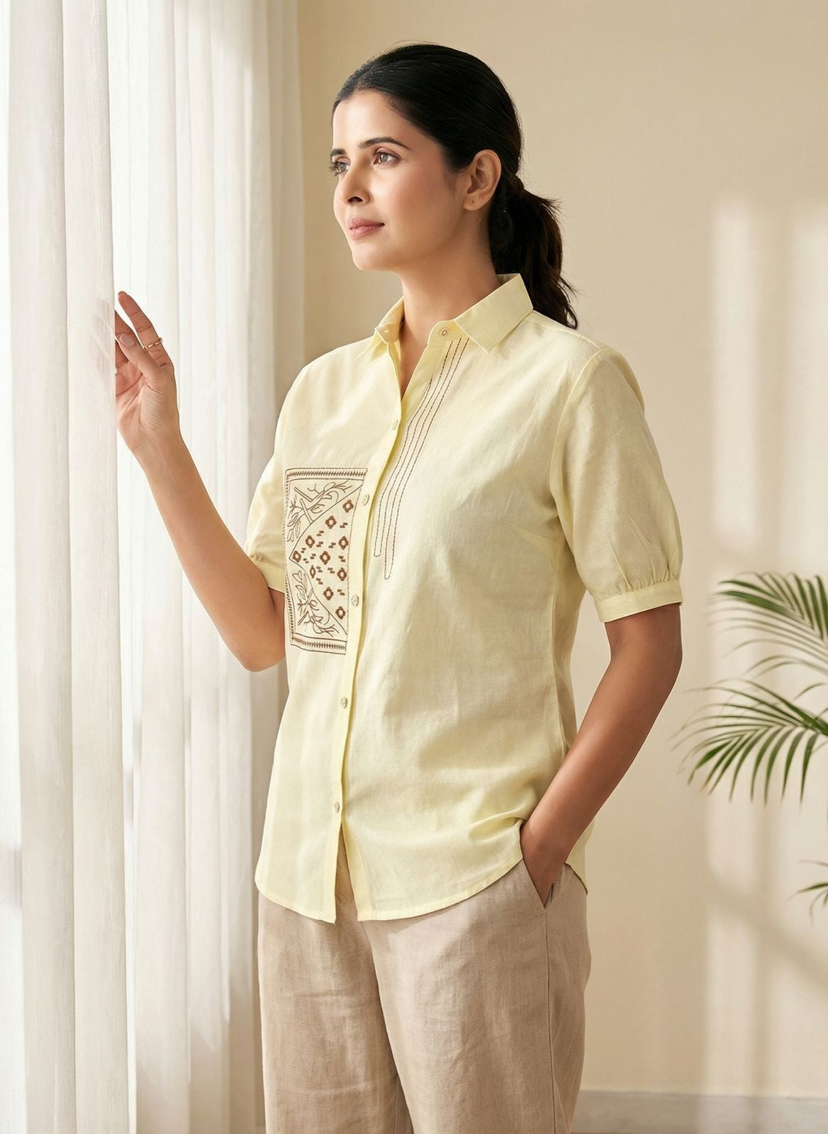 Cream Summer Special Heavy Cotton Flex with Embroidery Work Sleeveless Short Length Top 