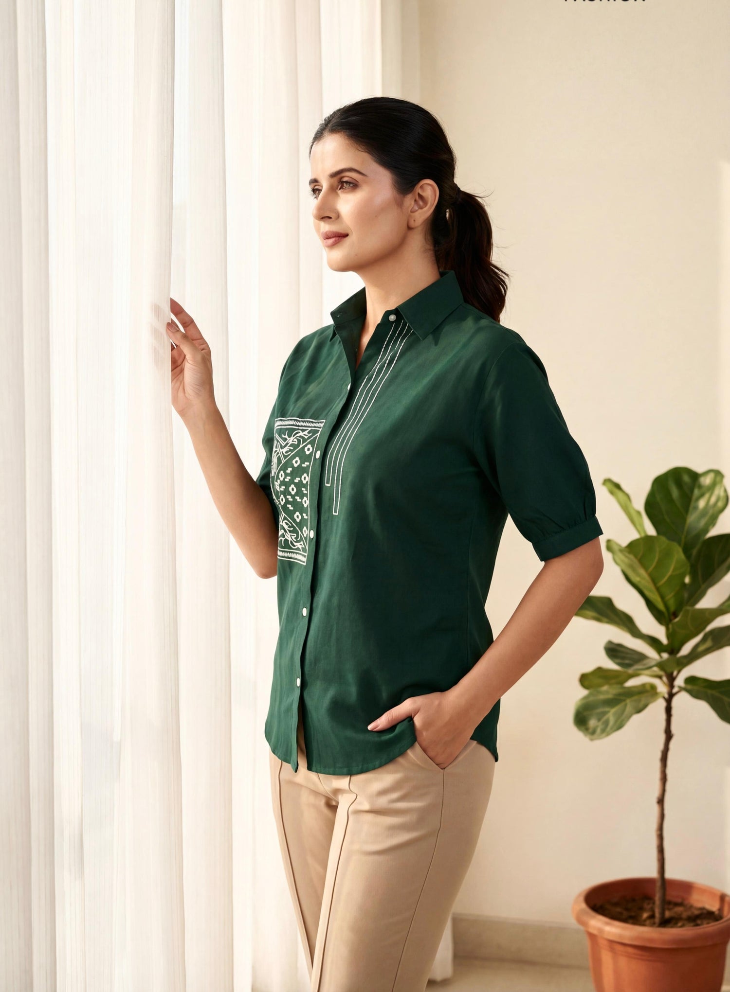 Bottle Green Summer Special Heavy Cotton Flex with Embroidery Work Sleeveless Short Length Top 