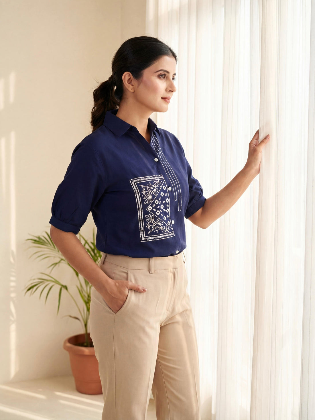Blue Summer Special Heavy Cotton Flex with Embroidery Work Sleeveless Short Length Top 