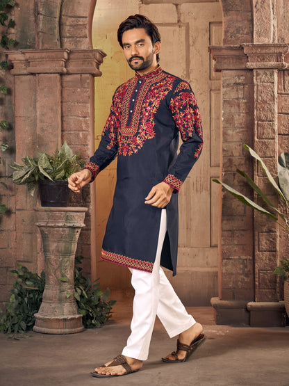 Blue Premium Silk With Multicoloured thread Neck Work Kurta Pajama 
